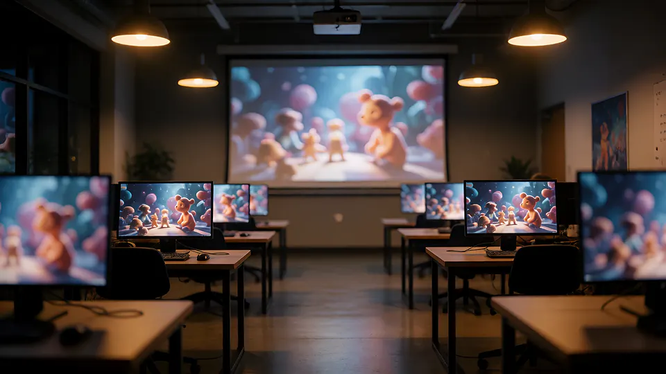 An empty creative computer lab with workstations and a large screen, lit warmly in the evening.
