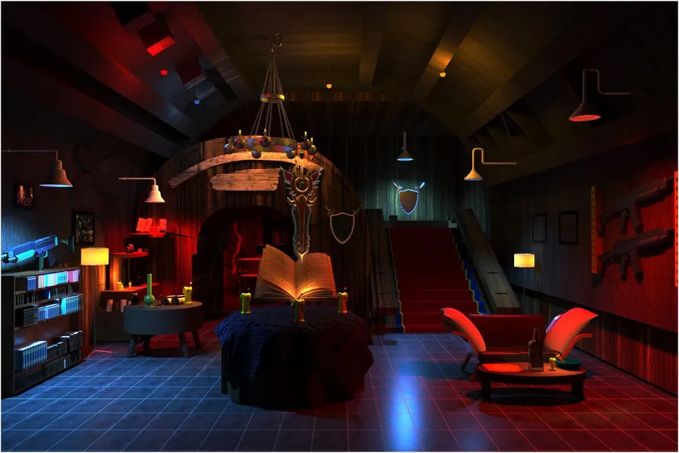 Student 3D interior with warm lamps and a red staircase